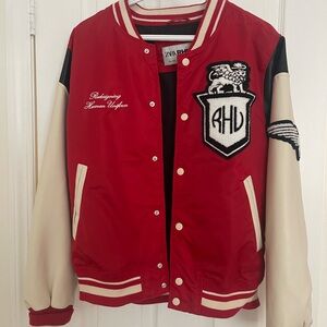 Zara x Rhuigi red and cream varsity jacket